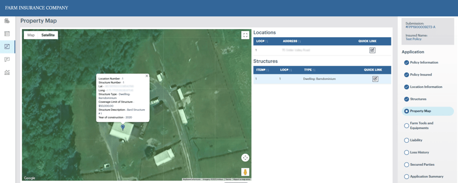 DigitalEdge underwriter workbench showing satellite mapping and a quarter-mile radius pin on a farm property
